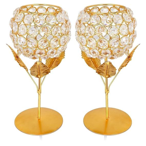 Gold Plated Crystal Candle Holder Tea Light Stand Decorative Tealight Holders For Home, Office, Living Room Indoor Garden Dining Centerpiece Decoration (Pack of 2)