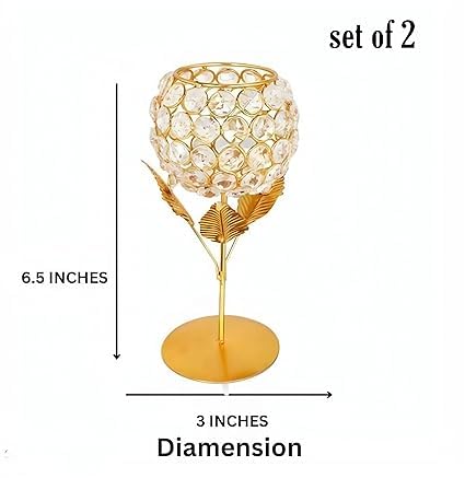 Gold Plated Crystal Candle Holder Tea Light Stand Decorative Tealight Holders For Home, Office, Living Room Indoor Garden Dining Centerpiece Decoration (Pack of 2)