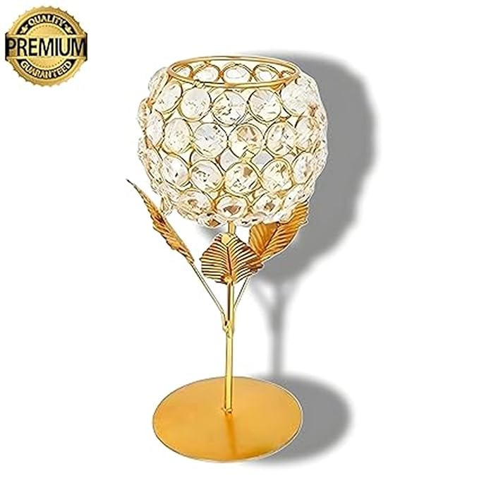 Gold Plated Crystal Candle Holder Tea Light Stand Decorative Tealight Holders For Home, Office, Living Room Indoor Garden Dining Centerpiece Decoration (Pack of 2)