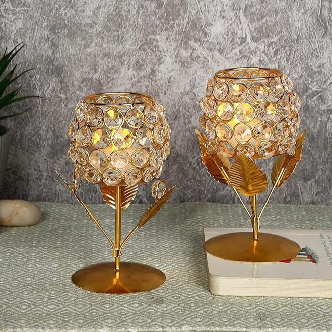 Gold Plated Crystal Candle Holder Tea Light Stand Decorative Tealight Holders For Home, Office, Living Room Indoor Garden Dining Centerpiece Decoration (Pack of 2)