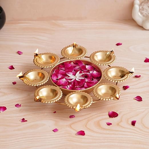 Golden Metal Handcrafted Flower Decorative Urli with 10 Diyas | Urli Bowl for Home Decor Floating Flowers | Diwali Decoration Items for Home Decor | Housewarming, Diwali Gift