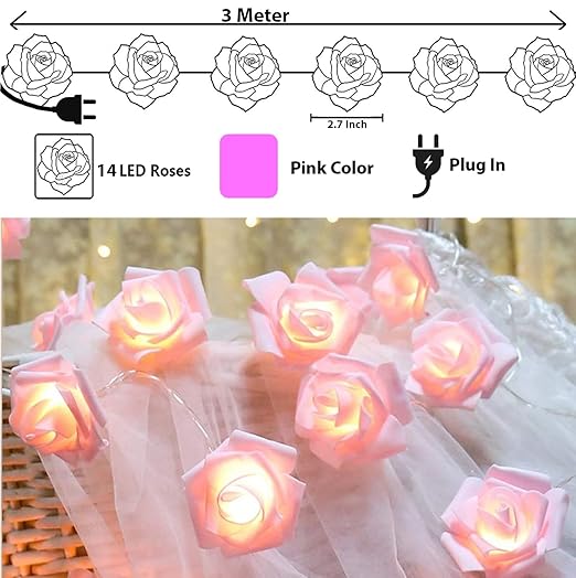 Rose Led Serial String Lights for Home Decore Copper Wire 13 led Lights for Diwali Birthday Festive Decore, Indoor/Outdoor (Pink, 2.6 Meter)