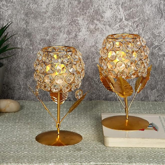 Gold Plated Crystal Candle Holder Tea Light Stand Decorative Tealight Holders For Home, Office, Living Room Indoor Garden Dining Centerpiece Decoration (Pack of 2)