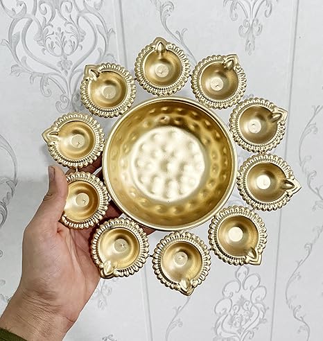 Golden Metal Handcrafted Flower Decorative Urli with 10 Diyas | Urli Bowl for Home Decor Floating Flowers | Diwali Decoration Items for Home Decor | Housewarming, Diwali Gift