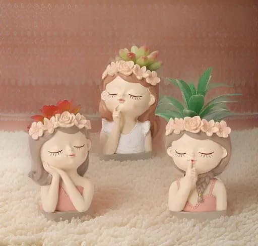 Small Fairy Head Planter 3 Pack Succulent Pots 4 Inches Girl Face Flower Pot Cute Resin Cactus Planters with Drainage Decorations, Gift for Women and Garden Decor (Multicolor_1)