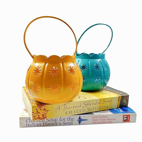 Blue and Yellow Iron Lamp/Hanging Lantern Lamps | Tealight Holder with Tealight Candle | Hanging Light for Indoor/Outdoor Home Decor (Pack of 2)