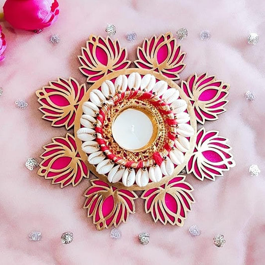 Handmade Red Lotus Flower and Rangoli Mat Tealight Candle Holder for Diwali Diya | Traditional Colourful Deepak Diya Tea Light Candle Set for Home Decoration, Diwali Gifting (Pack of 1)