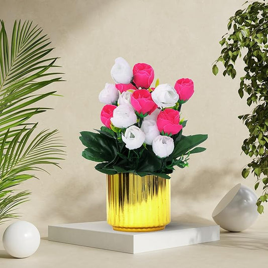 Natural Look Artifical Flowers with Pot for Decoration | Size - 19 X 22| for Gifting, Home Decor, Bedroom, Garden, Balcony, Office Corner, Living Room, New Year, Wedding Decoration Items (With Golden Plastic Pot)(Fabric Flower)
